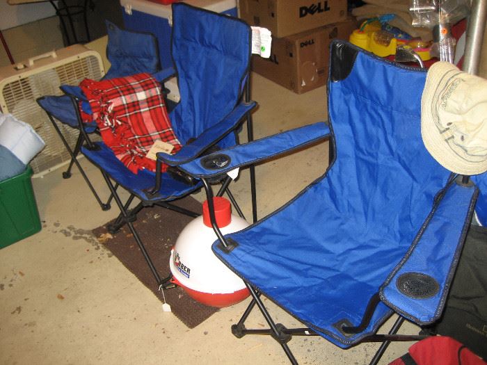 Portable camp chairs, Faribo lap blanket, bobbin cooler