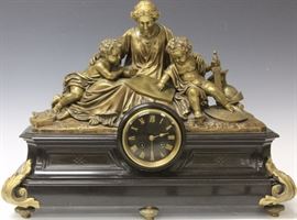 9040 - 19TH C. FRENCH BRONZE STATUE CLOCK ON MARBLE BASE