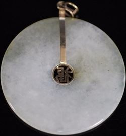 9100 - CHINESE JADE BI PENDANT WITH 14KT GOLD SETTING