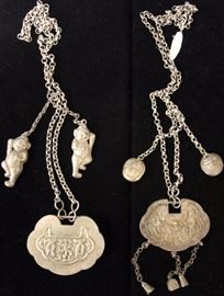 9144 - LOT OF (2) VINTAGE CHINESE SILVER LOCKS, NECKLACES