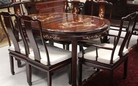 9160 - CHINESE TEAK & MOTHER OF PEARL INLAY DINING SET