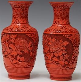 9172 - PAIR OF VINTAGE CHINESE CARVED RED LACQUERED VASES