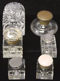 9317 - LOT OF (6) VINTAGE CRYSTAL INKWELLS, VARIOUS TOPS