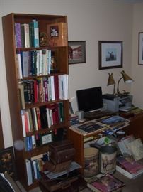 Teak book shelf, books and more.