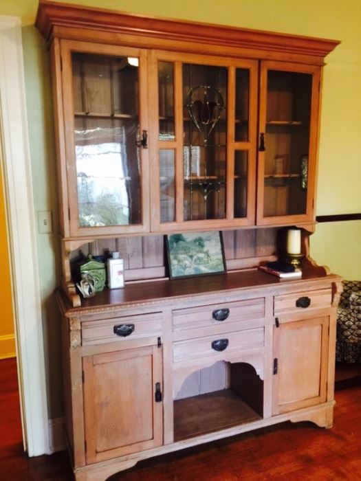 Antique Pine Cupboard with Stained Glass