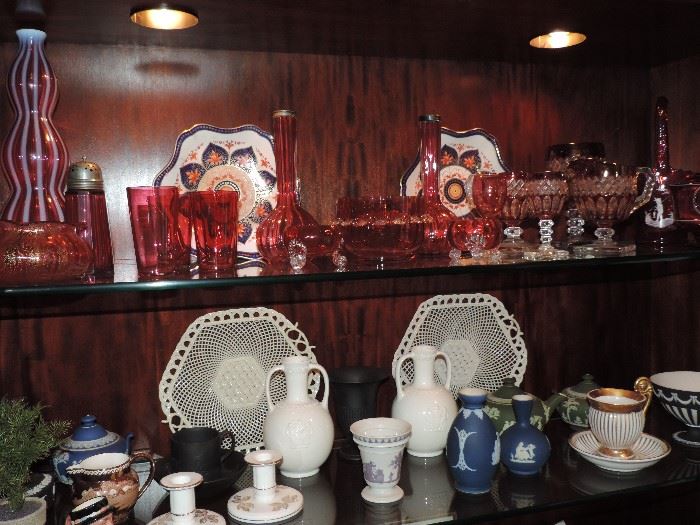 Breakfront is FULL of Vintage Accessories including Cranberry Glass, Wedgwood, Waterford and others ... 