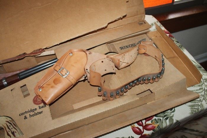 Vintage toy Stagecoach set, Winchester Saddle Gun and Fanner 50 Marshall holster set by Mattel with original box