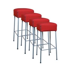 Contemporary Upholstered Stools by Montis: A set of four contemporary upholstered stools by Montis. The square topped stools are upholstered in a red woven fabric with matching piped trim and a zippered corner. The stools stand on four, splayed grey tubular legs joined by a box stretcher and terminating on darker grey colored tips. The stools are tagged, “Montis.”