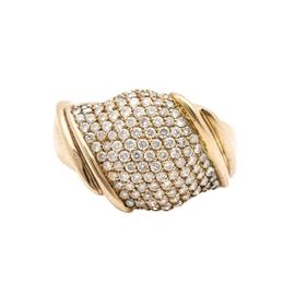 14K Yellow Gold Pavé Set 1.30 CTW Diamond Ring: A 14K yellow gold pavé set 1.30 ctw diamond ring. Slanted grooved shoulders peel back to reveal a crown of a field of pavé set diamonds.