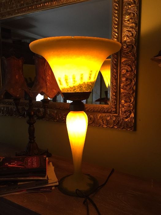 Beautiful pair of art glass lamps. Lights in both upper and base. 