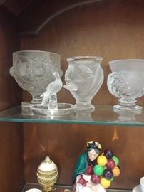 Lalique  crystal goblet like vase with foliage and birds one vase vase with two birds in 3 d on side, one vase with design on two sides, one piece like a ring holder w bird  all are rare and bought in the 70's and 80's 
