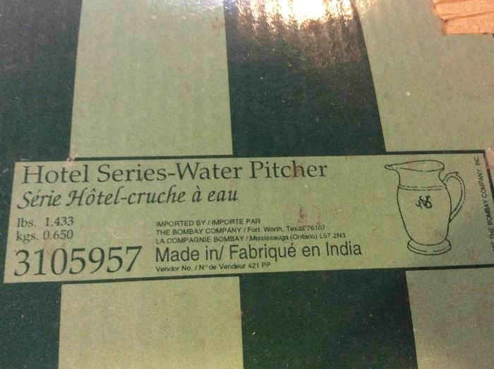 Bombay Co water pitcher ...new in box