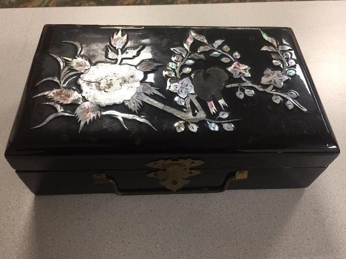 Vintage Asian black lacquer jewelry box.