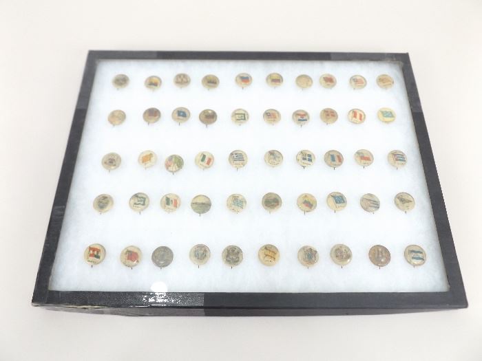 Antique World Flag Buttons in Glass Top Display Case
