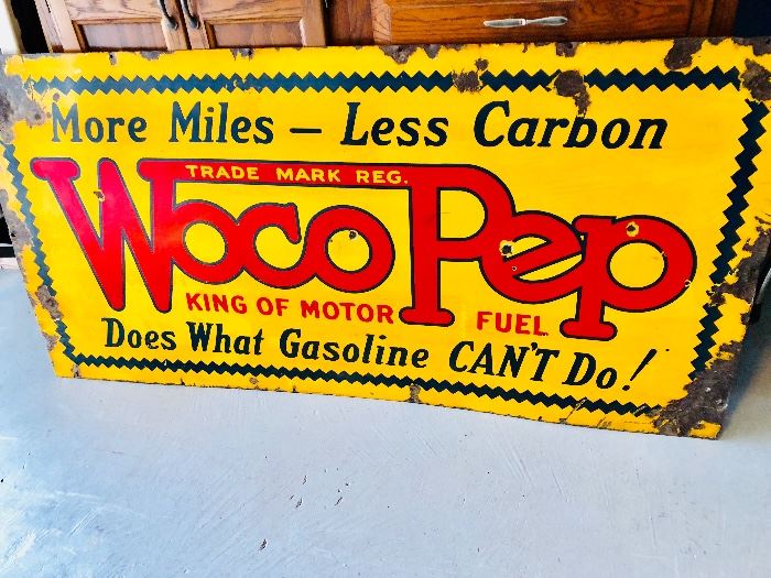 Antique Woco Pep Motor Fuel Gasoline 
3 ft  x 5 ft  double sided enamel Gas Station  Sign 