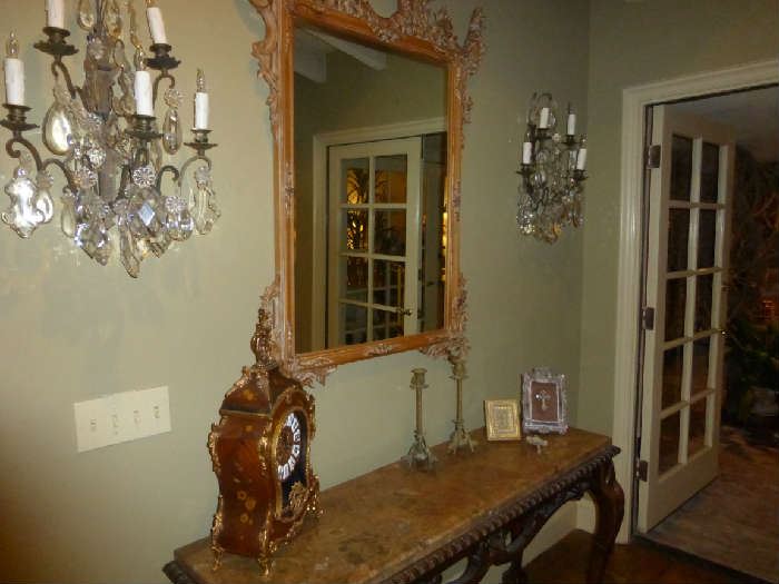 Pair of French Bronze and Crystal Sconces, Rococo Mirror