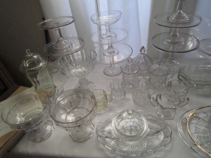 Huge collection of cake plates, domes, glass compotes, dishes, containers, canisters.