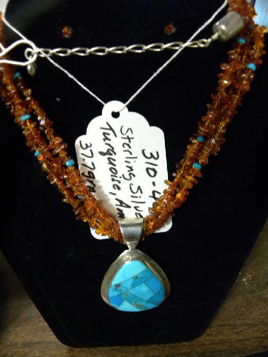 Sterling Silver, Turquoise & Amber 