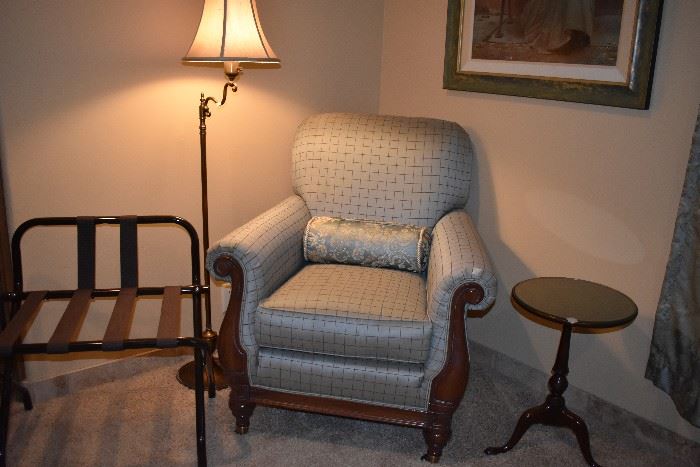 Sage colored chair, brass 3 way floor lamp and more