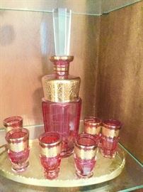 Gorgeous cranberry heavy gold Decanter set-- was a wedding gift in 1948!