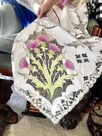 SPECTACULAR CUT WORK HANDMADE SCOTTISH THISTLE TABLECLOTH PURCHASED IN SCOTLAND 