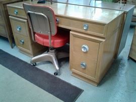 Solid wood Art Deco Desk / vanity with one of out many vintage office chairs.  Only $32.25 on Saturday!