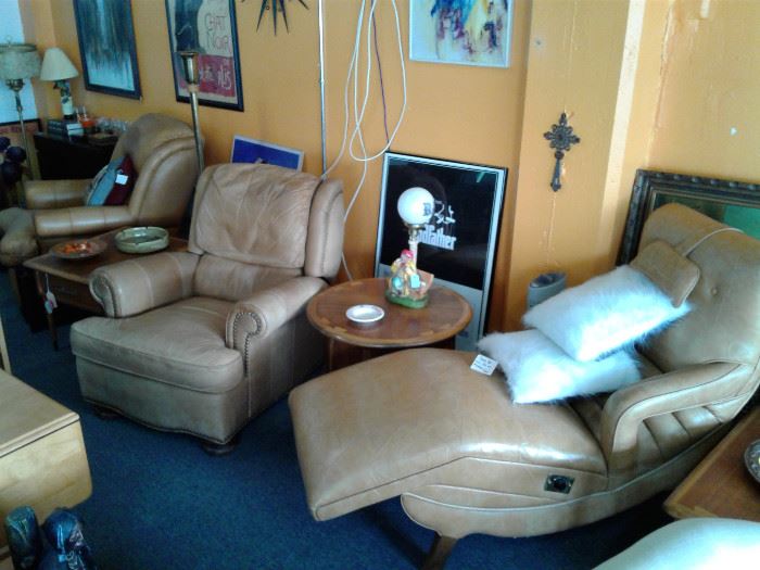 Left to right Hancock & Moore, Drexel Recliner, and vintage 70s vibrating massage chair(still Works Great) leather chairs along with various other furniture.