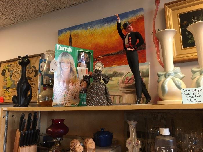 Andy Panda Burlap Wall Art, Farrah Fawcett Doll (new in original box), Vintage Black Cat Decanter, Oil Lamps, Vases, Wall Art