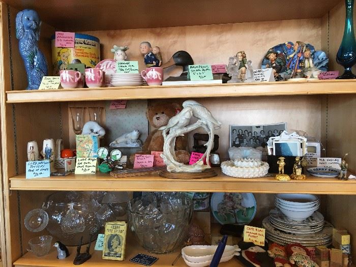 Collectors Vases, mid century entertaining pieces, Milk Glass, Raggedy Dolls, Bells and Figurines.
