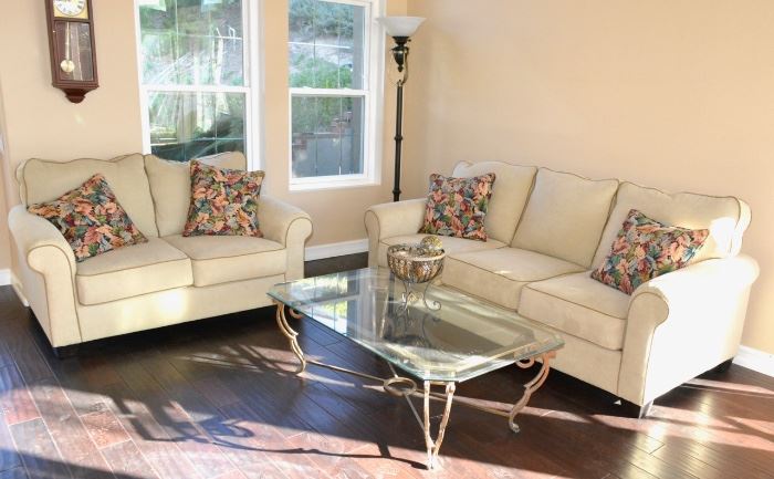 Lovely Beige Sofa and Loveseat - Glass top coffee table