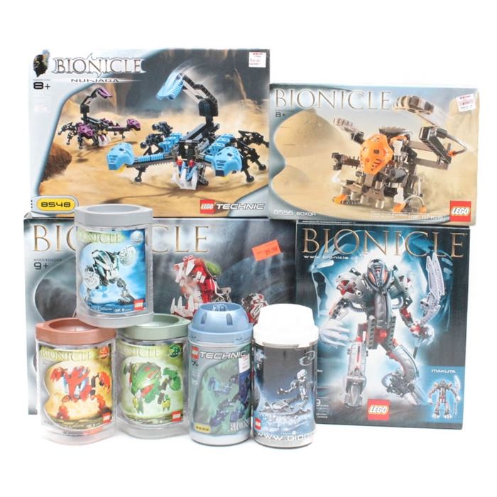 Lego "Bionicle" Sets: A group of Lego Bionicle sets. The group includes four kits and five assembled figures.