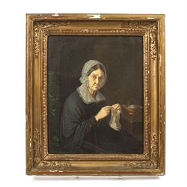Antique Oil Portrait on Canvas: An original, nineteenth-century oil painting portrait on canvas by an anonymous artist. The unsigned portrait depicts an elderly brown-eyed woman wearing a lace cap and collar over a black dress. She gazes sternly at the viewer, as she plies her knitting needles. The painting is presented in an ornate antique gilded wood frame with a hanging wire on the back.