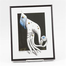 John Atencio Signed Limited Edition Print: A framed offset lithograph print, after an illustration by Denver goldsmith John Atencio. The print depicts a hand holding a ring with blue stone. The print is numbered in gold ink “79/100”, and is signed by the artist both in plate, and in gold ink to the lower left. The print is presented with glass in a black frame with an easel back.