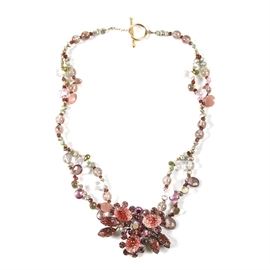 14K Gold and Gemstone Bead Necklace with a Vintage Costume Brooch Accent: A 14K yellow gold necklace, with a variety of 14K yellow gold beads and gemstone beads, featuring a pendant-like accent, created from a re-purposed vintage costume gold tone brooch with glass stones.