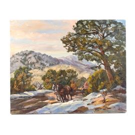 Ed Hummer Oil Painting on Canvas "New Mexico Spring": An oil painting on canvas titled New Mexico Spring by American artist Judge Ed J. Hummer (20th Century). This piece depicts a spring day in the mountains of New Mexico, with snow on the ground melting in patches and a figure riding a horse-drawn cart along a dirt road. It is painted with visible, textured brushstrokes and signature carved into the paint in the lower right. The work is titled to the verso and includes a pamphlet with information on the artist. This piece is presented as an unframed, stretched canvas.