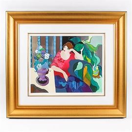 Serigraph by Itzchak Tarkay "Elaborate Surroundings": A framed, signed and numbered limited edition serigraph Elaborate Surroundings, by artist Itzchak Tarkay (1935-2012). It is numbered 91/450 and presented with a white mat and glass in a gilded wood frame. Ready to hang.