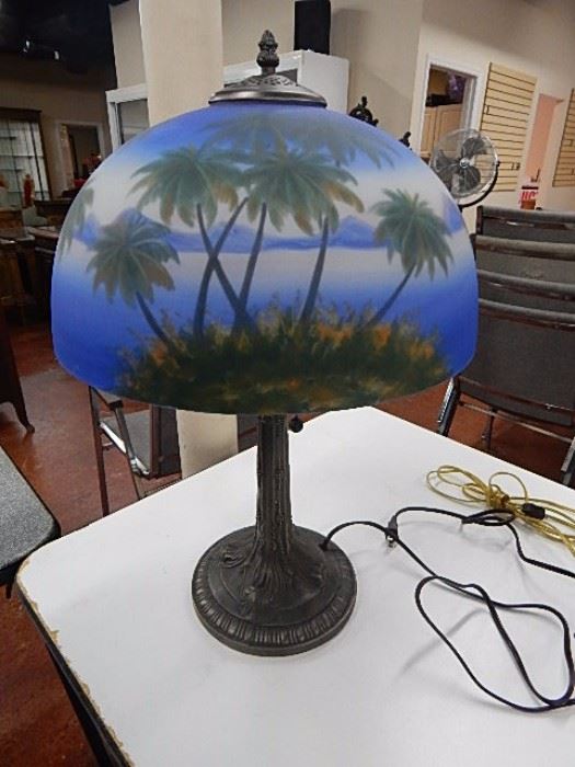 Reverse painted palm tree glass shade lamp