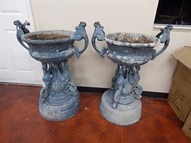 Pr, Wrought Aluminum Swan Planter Urns