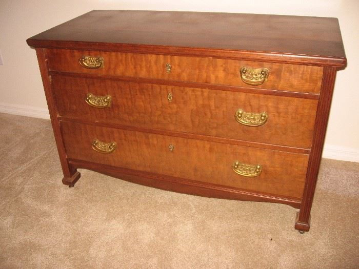 Tiger maple 3 drawer chest with original brass pulls