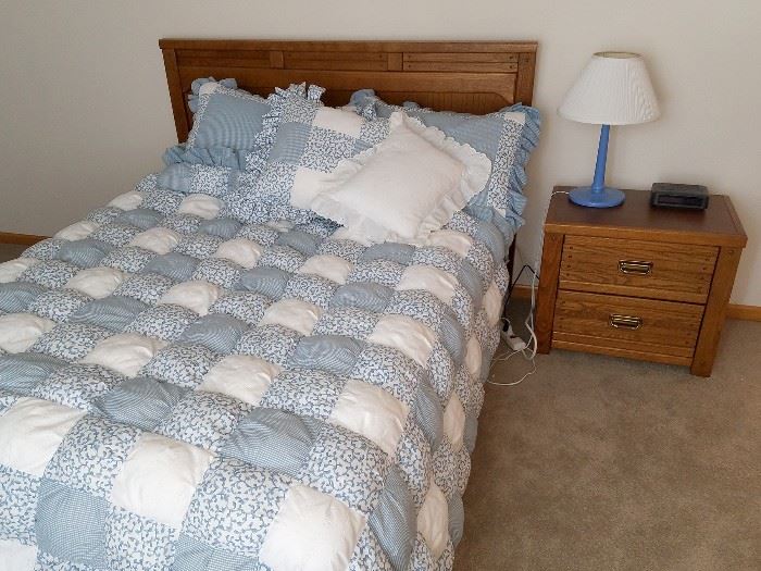 Full bed with matching nightstand, small dresser and mirror
