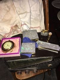 Vintage Zenith radio- an amazing matching collection of a cigarette case, evening purse, lighter, comb set & lipstick case! Also a beautiful example of the lovely Otto Grun compact clock/watch. 