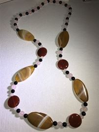 35” agate slices, carnelian, rose quartz, black onyx knotted necklace 