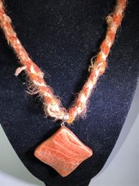 30” fiber necklace with snake skin agate pendant 