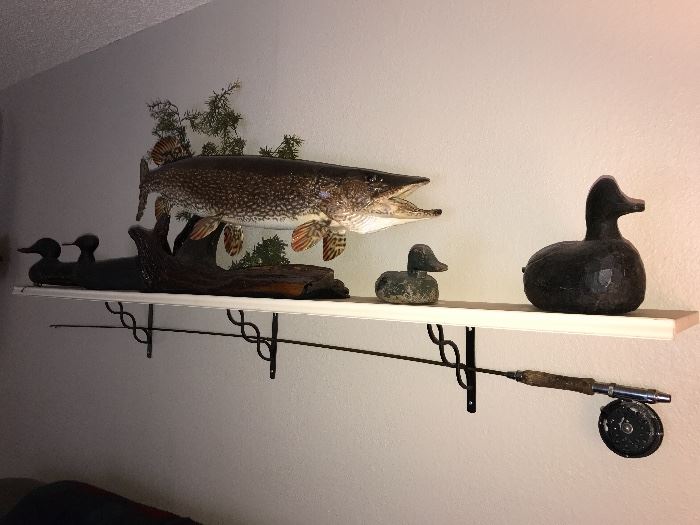 Antique decoys and antique fly fishing rod 