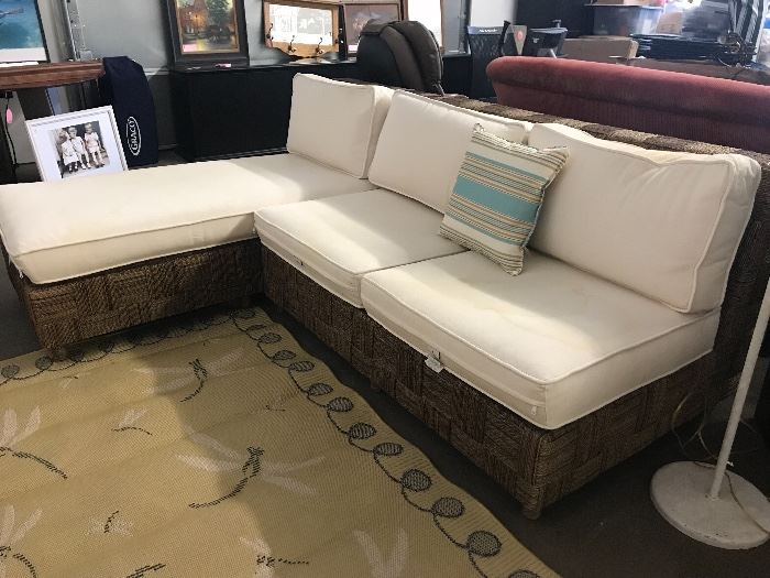 Sectional sofa with lounger paired with a fun dragon fly themed area rug