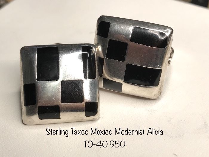 Sterling Taxco Mexico Modernist Alica TO-40 950 sterling and onyx clip earrings 