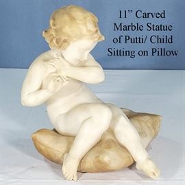 Artz Carved Marble Statue of Putti Child Sitting On Pillow