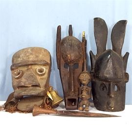 Artz Ethnic African Carved Masks Figure And Hand Held Blade