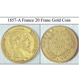 Coins Currency 1857 A Gold France 20 Franc Coin Napoleon III