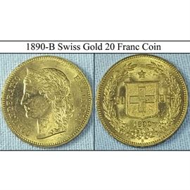 Coins Currency 1890 B Gold Swiss 20 Franc Coin